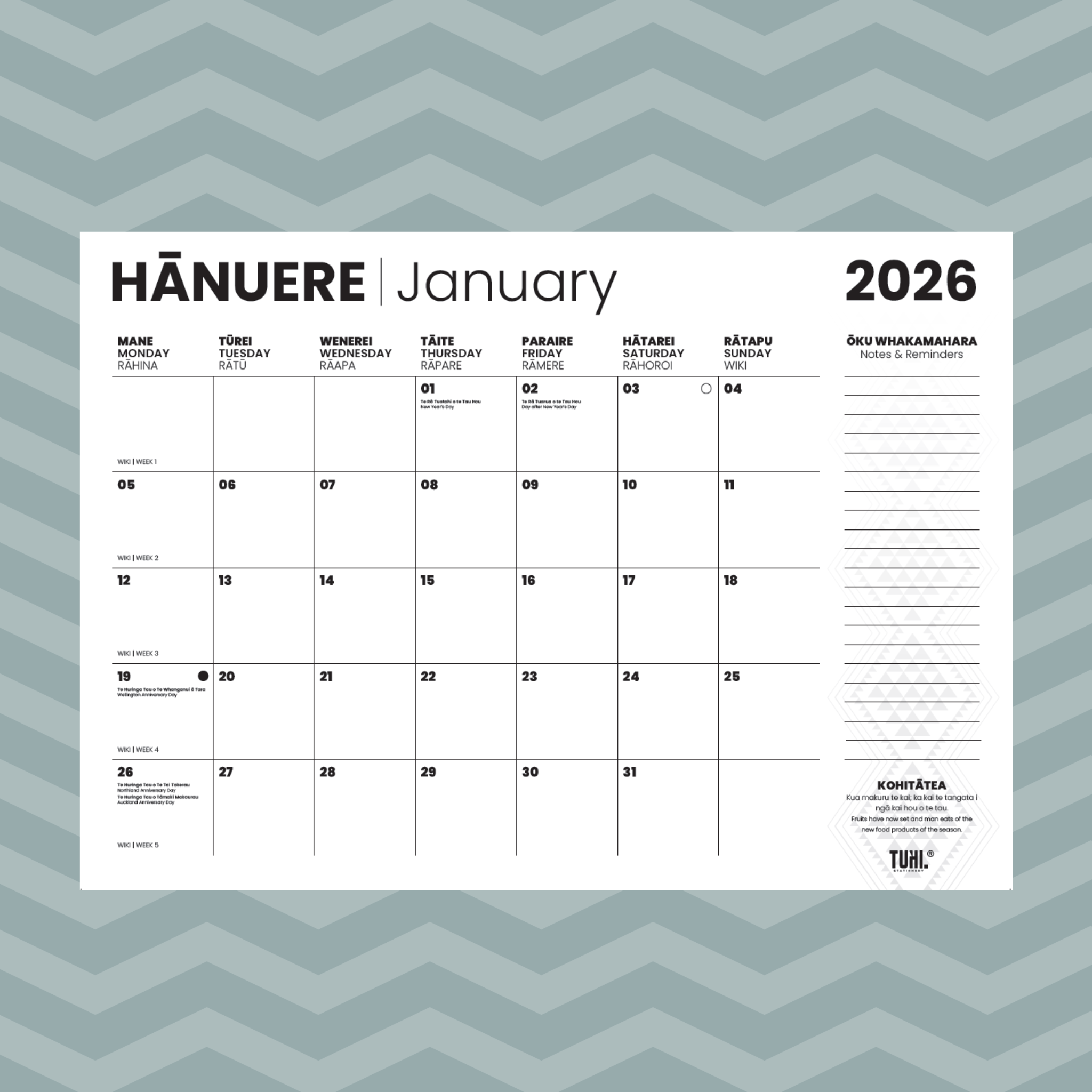 2026 Mahere ā Marama Māori Wall Calendar