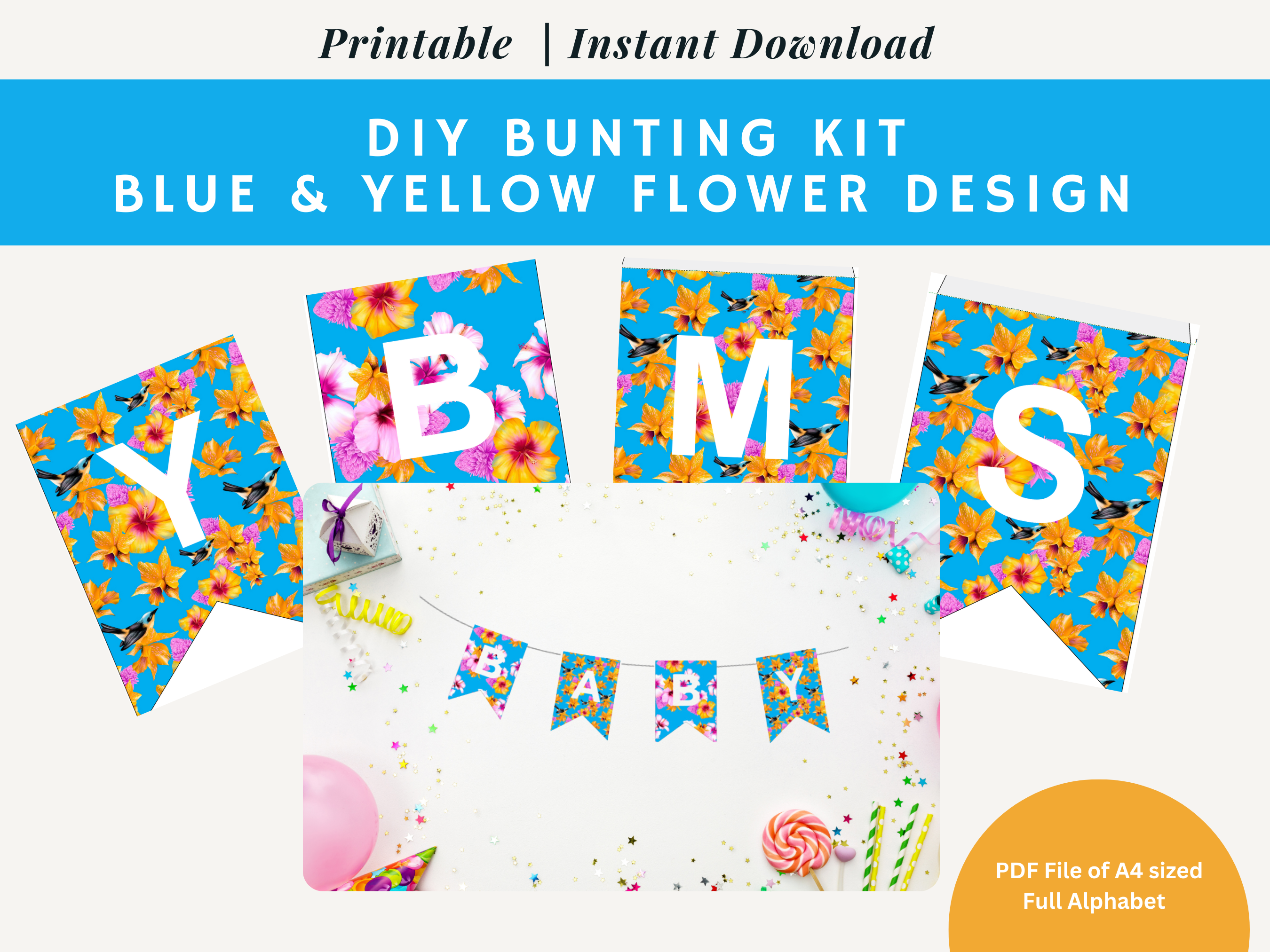 Printable: Blue & Yellow Floral DIY Alphabet Bunting