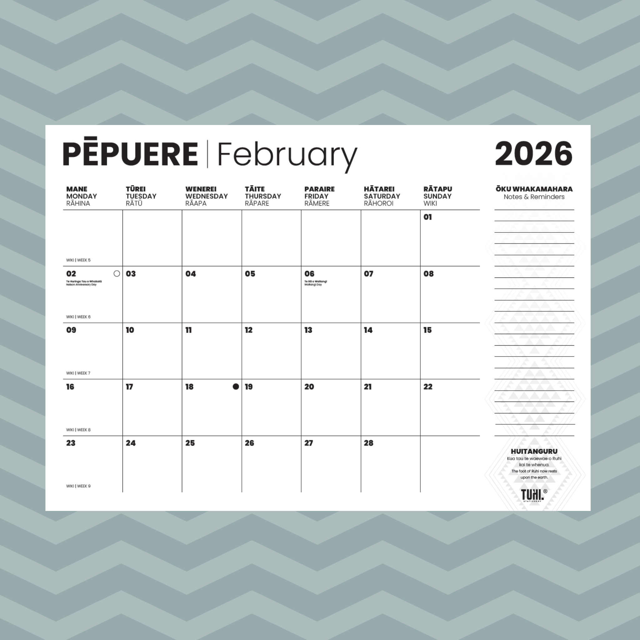 2026 Mahere ā Marama Māori Wall Calendar