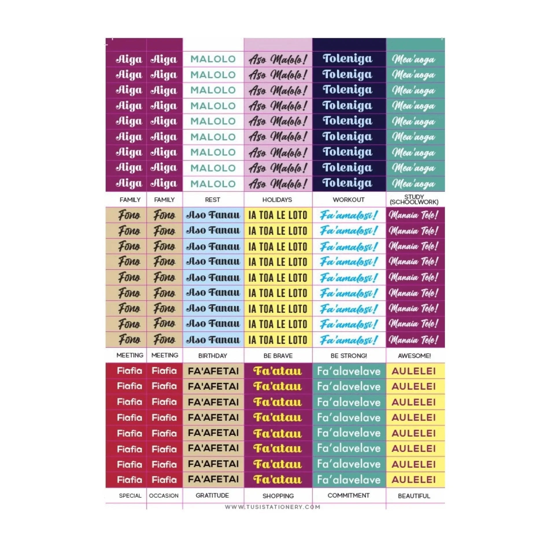 Samoan Stickers: Word Strips - Tuhi Stationery Ltd